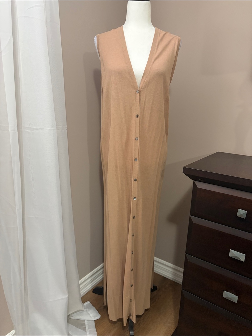 Zara Long Sleeveless Button-Front Vest in Camel